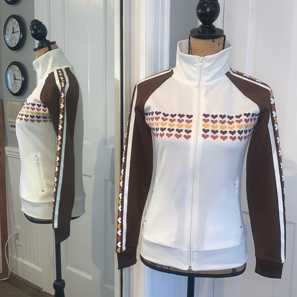 Vintage Peachie Keen Poly Cotton Track Jacket Cream Brown & Heart Design Small